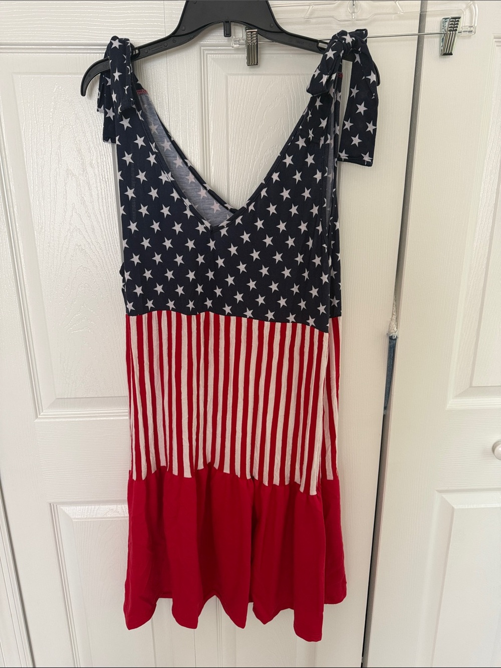 Star Spangled Sleeveless Tie-Shoulder Dress in Red, White & Navy Large